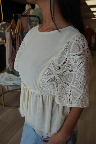 Ivory Lace Pleated Hem Blouse