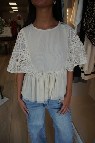 Ivory Lace Pleated Hem Blouse