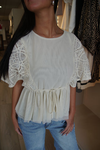 Ivory Lace Pleated Hem Blouse