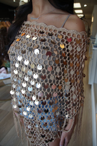 Sequin Crochet Poncho | Boho Fringe Cover-Up