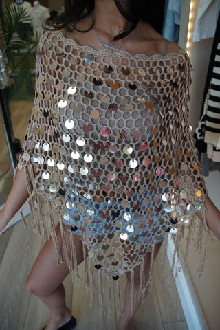 Sequin Crochet Poncho | Boho Fringe Cover-Up