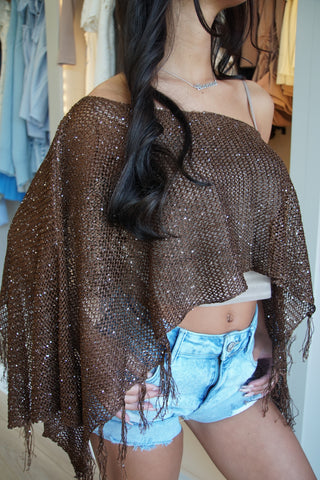 Crystal Sequin Tassel Crochet Cape – Brown