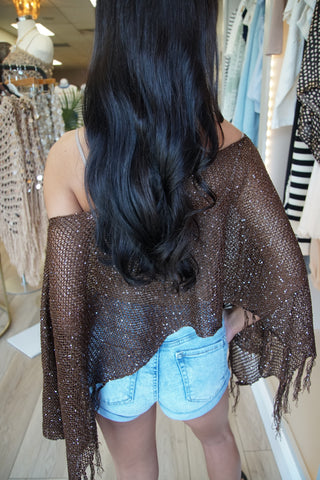 Crystal Sequin Tassel Crochet Cape – Brown