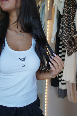 Happy Hour Martini Ribbed Tank - White