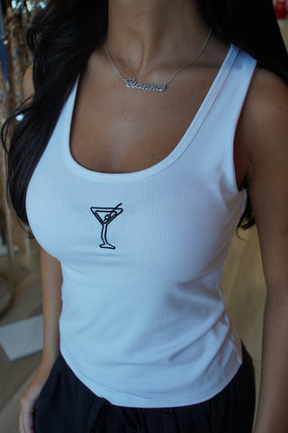 Happy Hour Martini Ribbed Tank - White