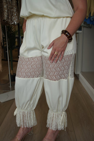 Lace Satin Halter Top & High-Waisted Bubble Pant Set: Cream
