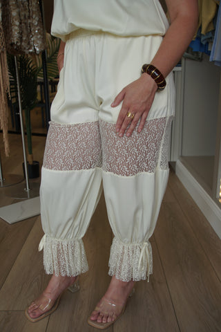 Lace Satin Halter Top & High-Waisted Bubble Pant Set: Cream