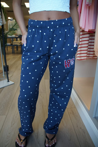 Navy Polka Dot Baseball Wide Leg Sweatpants