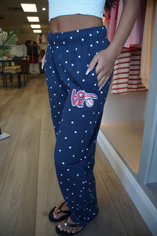 Navy Polka Dot Baseball Wide Leg Sweatpants