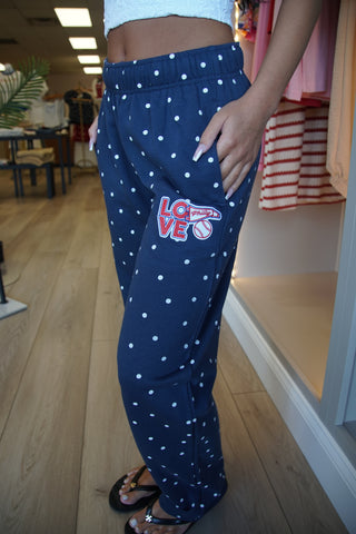 Navy Polka Dot Baseball Wide Leg Sweatpants