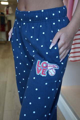 Navy Polka Dot Baseball Wide Leg Sweatpants