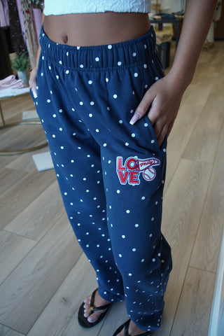 Navy Polka Dot Baseball Wide Leg Sweatpants