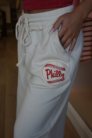 Cream Baseball Wide Leg Sweatpants
