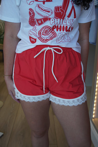 Red Lace Drawstring Nylon Shorts