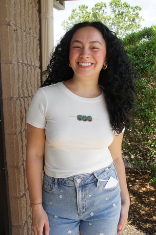 Olive Beaded White Baby Tee