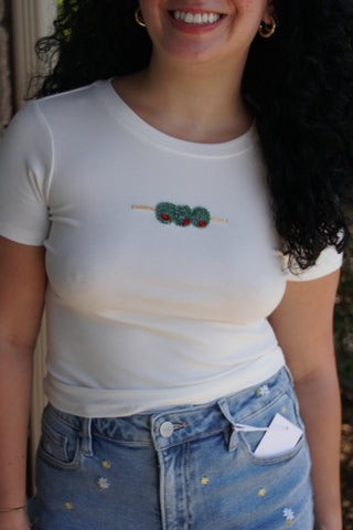 Olive Beaded White Baby Tee