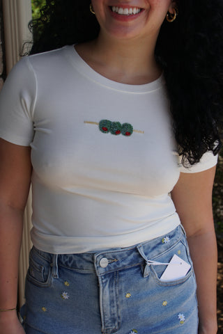 Olive Beaded White Baby Tee