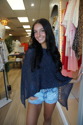 Navy Sequin Sweater Poncho