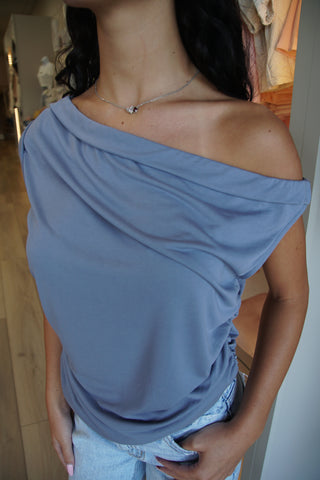 Draped One Shoulder Ruched Top - Blue