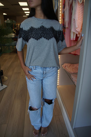Laced Detail Grey Boxy Tee