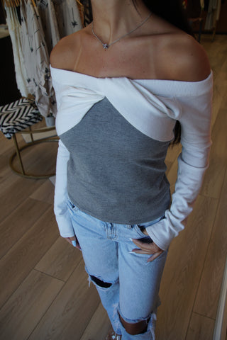 Twisted Grey Off Shoulder Sweater