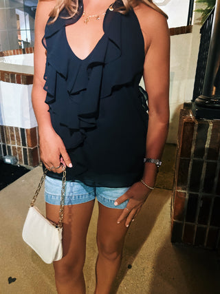 Black Halter Ruffle Blouse