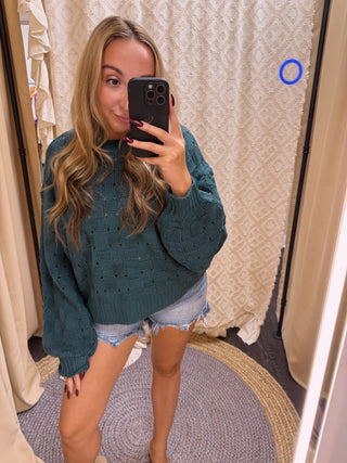Teal Basket Balloon Sleeve Sweater