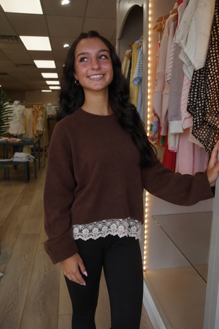 Brown Scalloped Lace Sweater