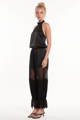 Lace Satin Halter Top & High-Waisted Bubble Pant Set: Black