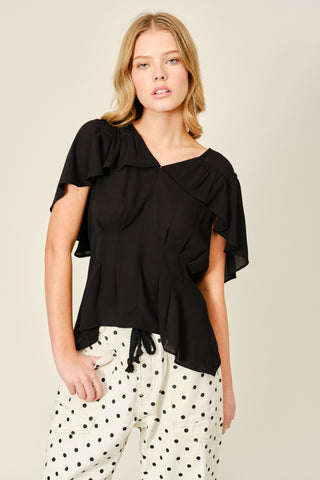 Black Ruffle Short Sleeve Blouse