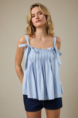 Sky Blue Pleated Shoulder - Tie Blouse