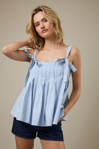 Sky Blue Pleated Shoulder - Tie Blouse
