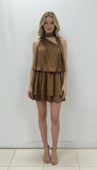 Brown Ruffle Halter Dress