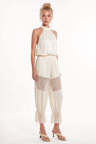 Lace Satin Halter Top & High-Waisted Bubble Pant Set: Cream