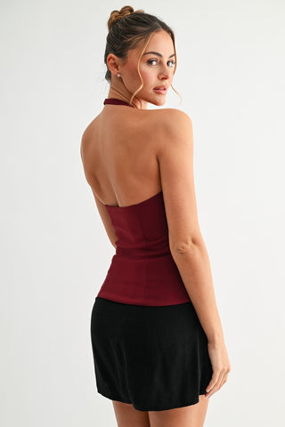 Crystal Bow Halter Top - Cherry