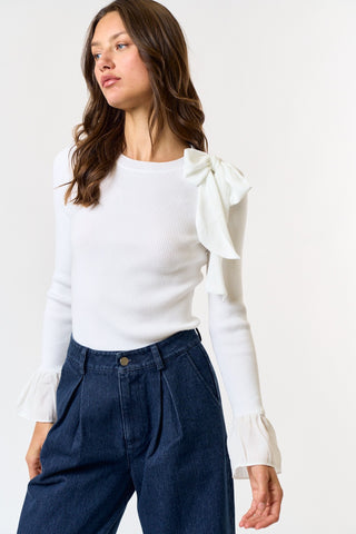 Ivory Ruffle Sleeve Bow Top.jpg