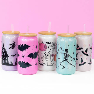 Spooky Season Halloween Glitter Glass Cup Set,  Bamboo Lid